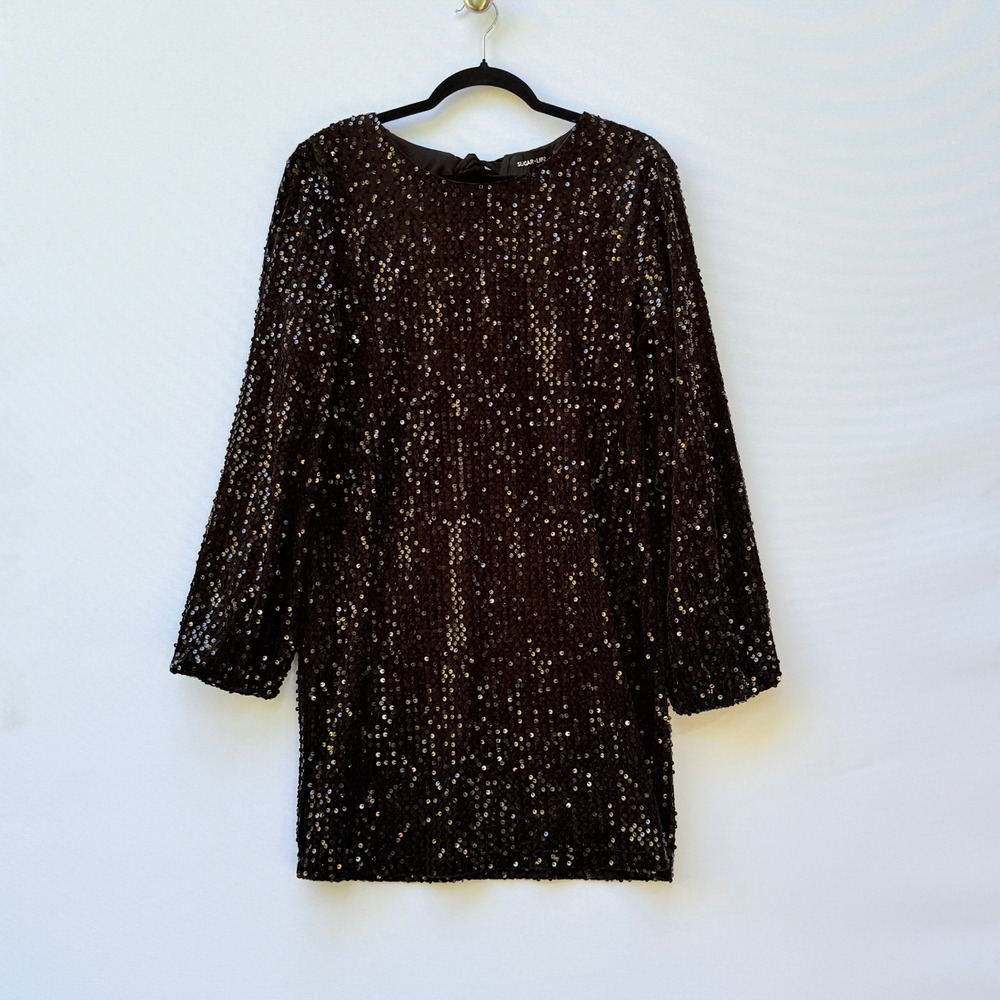 NEW Sugar + Lips Women Medium Black Sequin Mini Dress Long Sleeve Party Cocktail